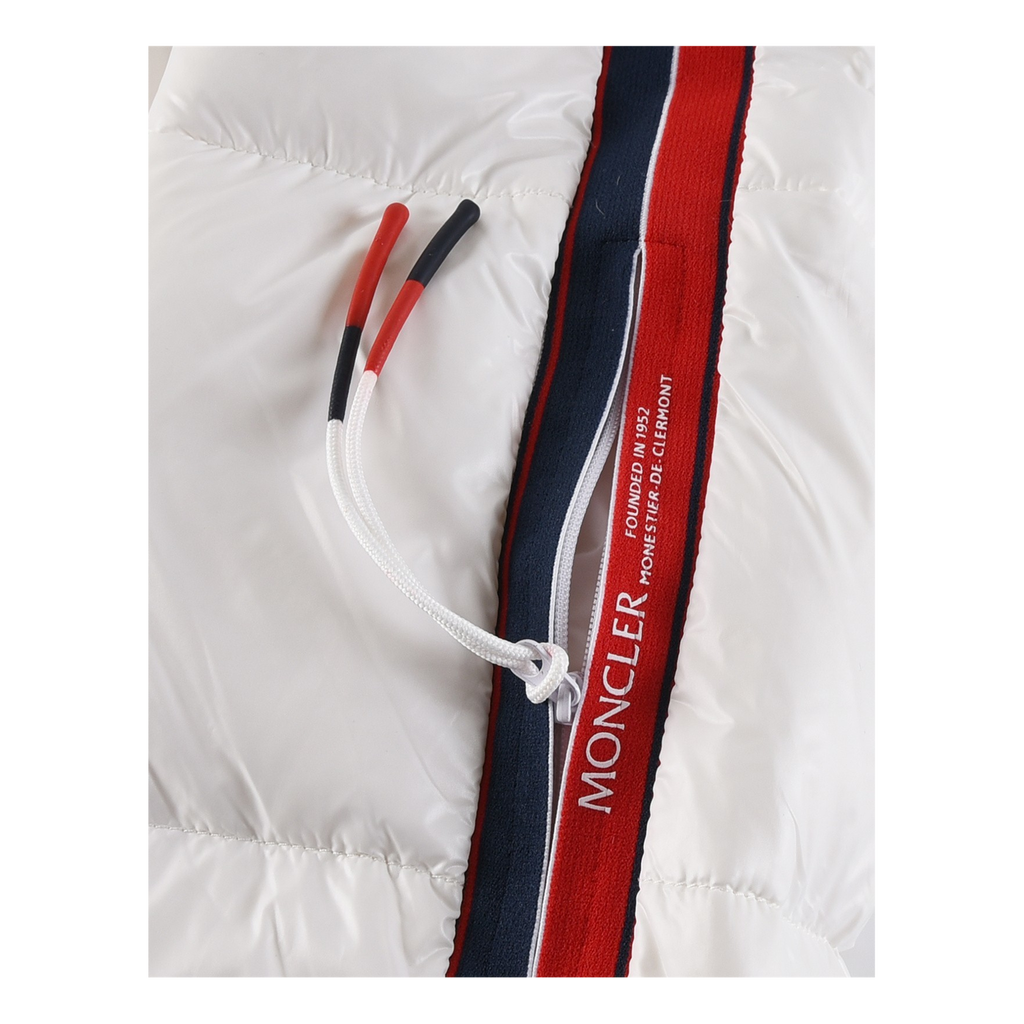 Moncler Tricolour Sleeve-Stripe Glossy Hooded Down Jacket