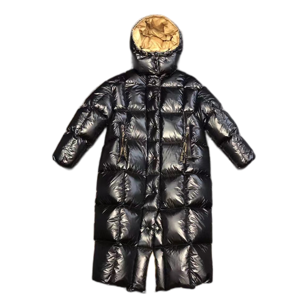 Moncler Gold-Lined Glossy Long Down Coat - Black