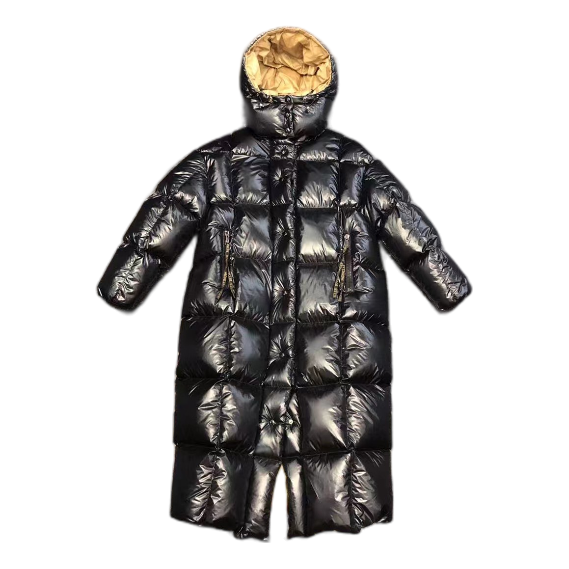 Moncler Gold-Lined Glossy Long Down Coat - Black