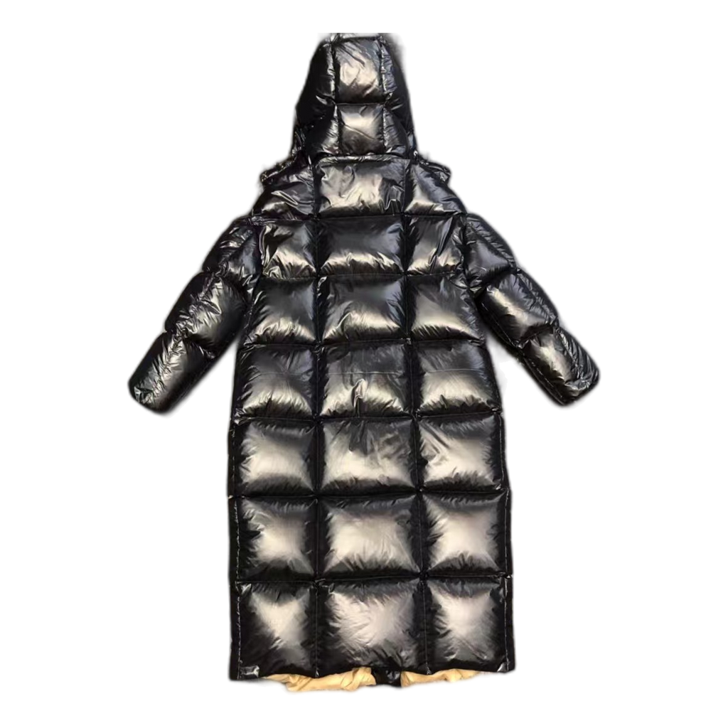 Moncler Gold-Lined Glossy Long Down Coat - Black