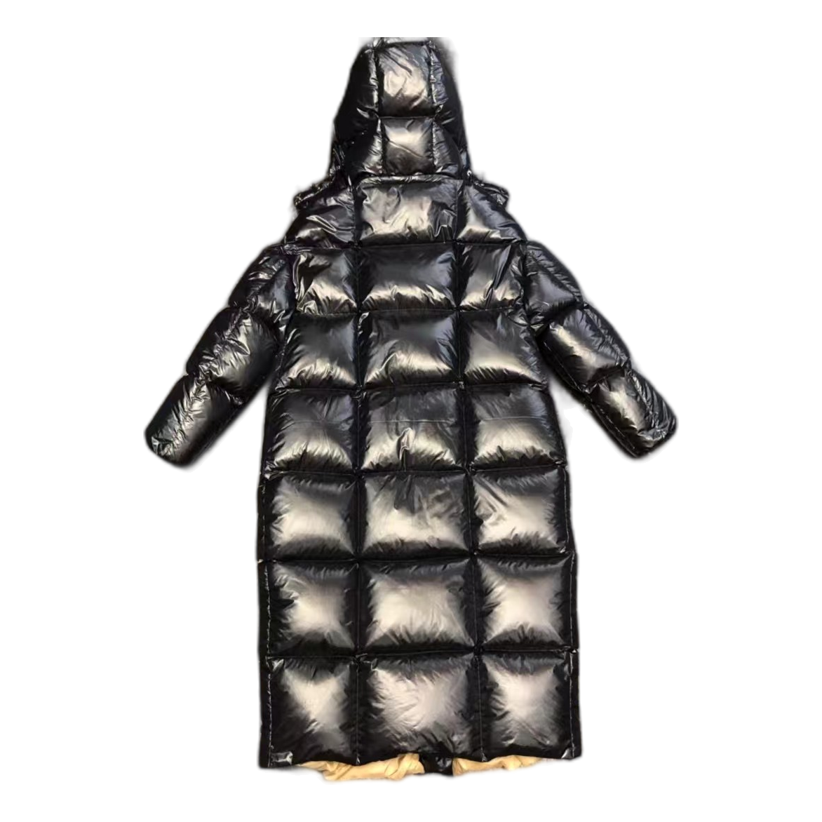 Moncler Gold-Lined Glossy Long Down Coat - Black