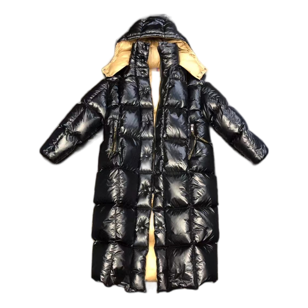 Moncler Gold-Lined Glossy Long Down Coat - Black