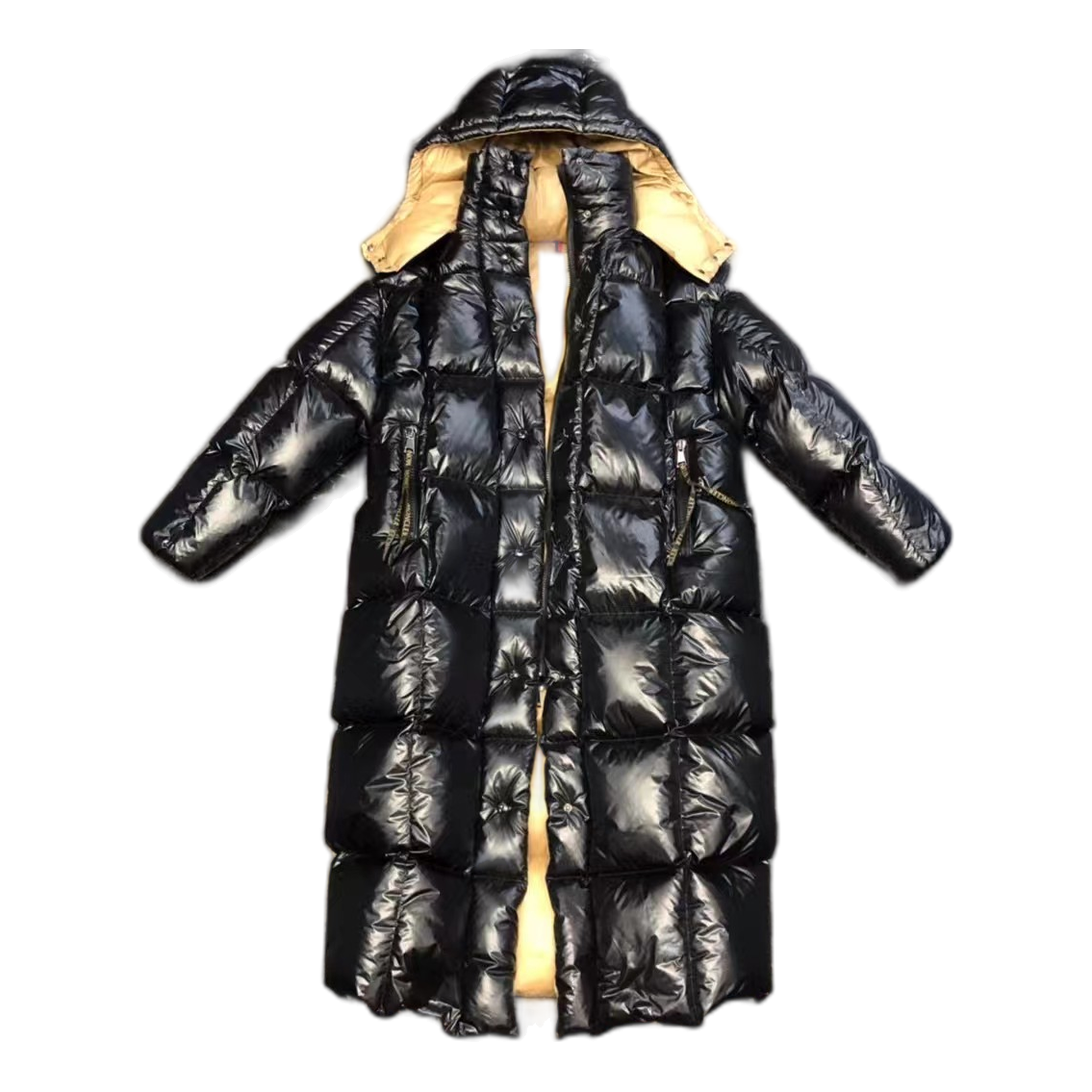 Moncler Gold-Lined Glossy Long Down Coat - Black