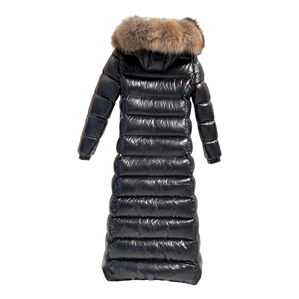 Moncler Glossy Fur-Trim Hooded Long Down Coat