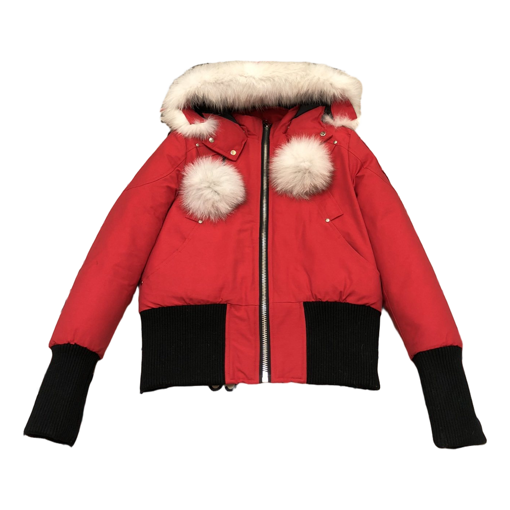 Moose Knuckles Debbie Pom-Pom Hooded Down Bomber - Red