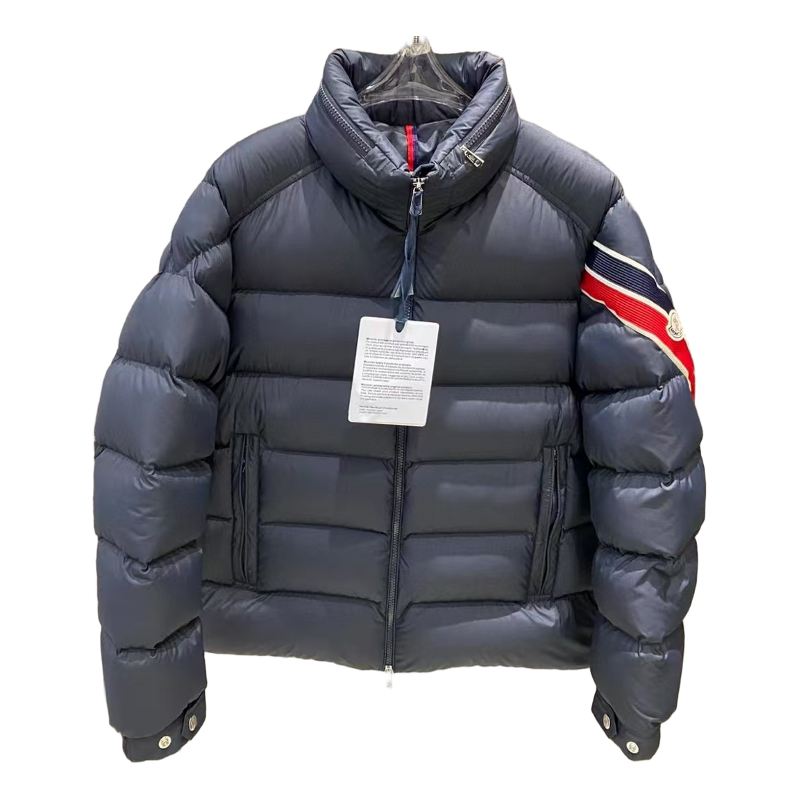 Moncler Tricolour Sleeve-Band Down Jacket - Navy