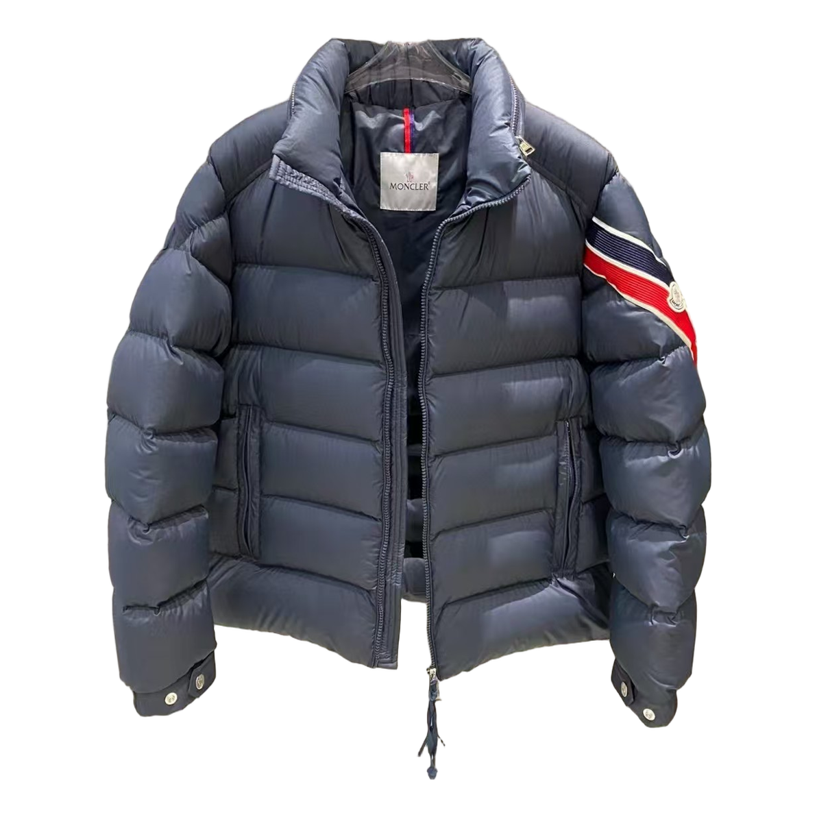 Moncler Tricolour Sleeve-Band Down Jacket - Navy