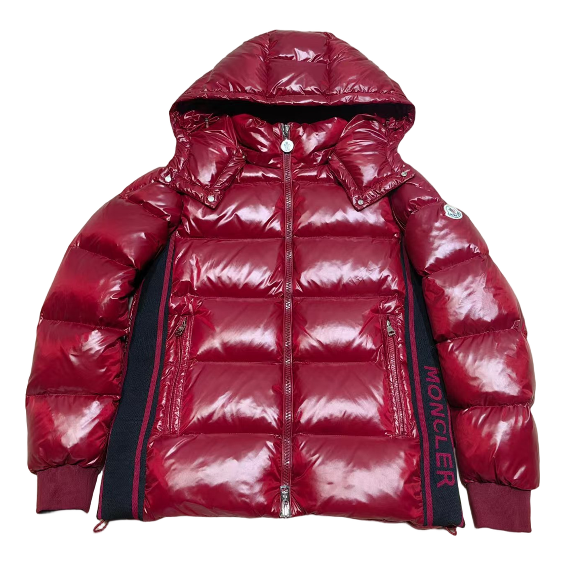 Moncler Logo-Zip Glossy Hooded Down Jacket - Red