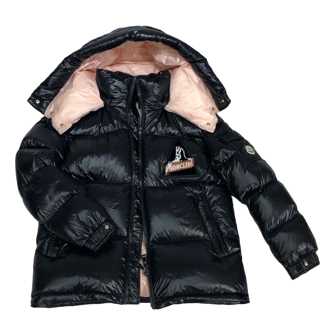 Moncler Mountain-Badge Glossy Short Down Jacket - Black